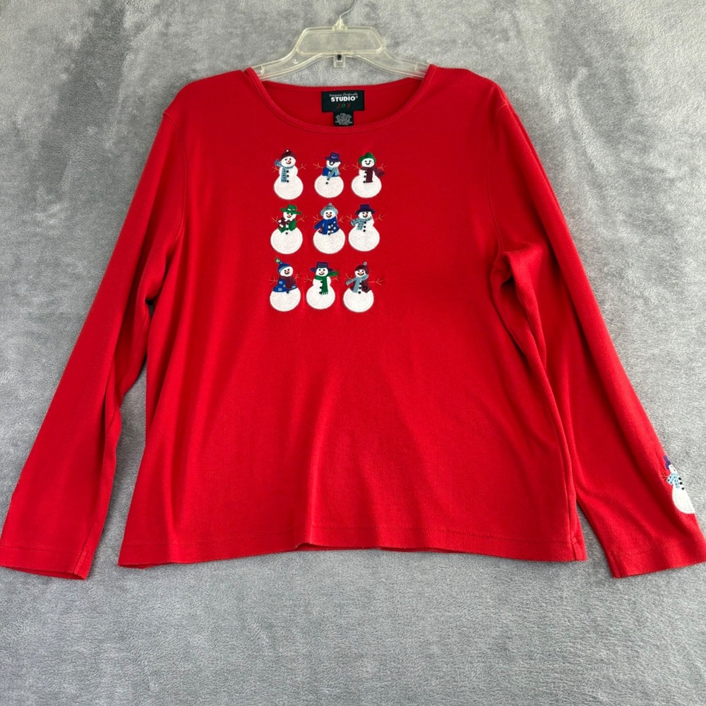 Designer Studio Joy Red‎ Long Sleeve T Shirt Snowman Applique PXL Holiday Winter